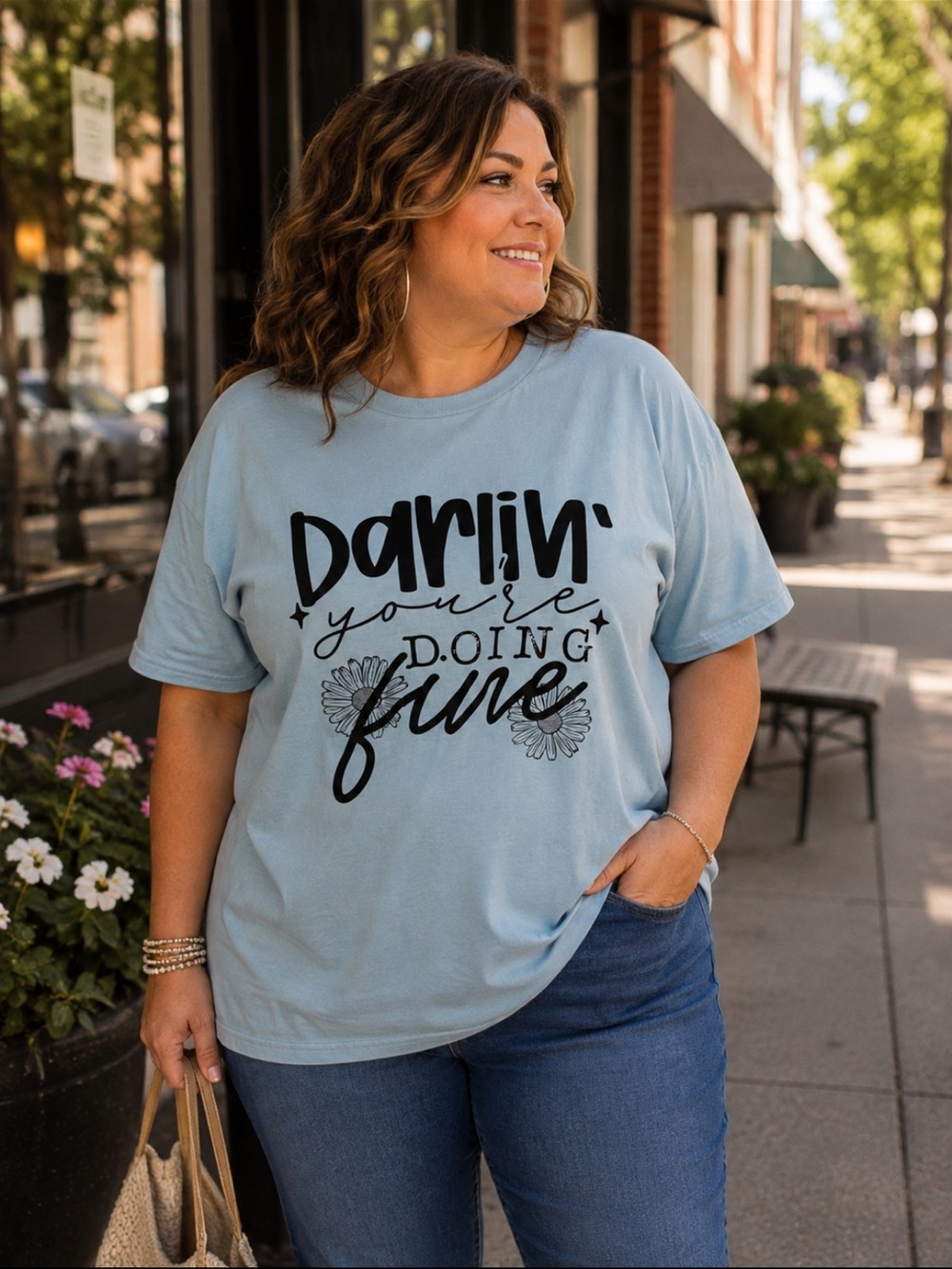 Light Blue Graphic Tee - Darlin' You're Doing Fine. Comes in small through 5X.